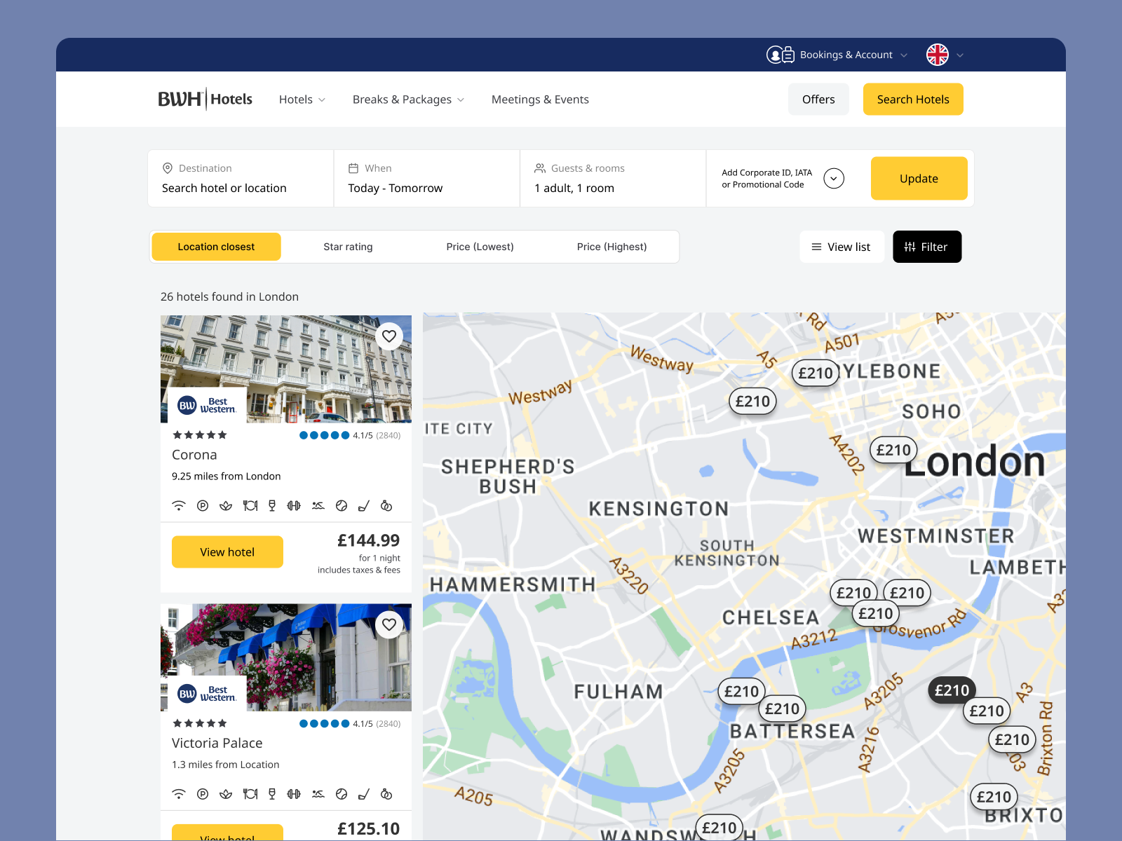 High-fidelity design of a hotel search screen for Best Western Hotels