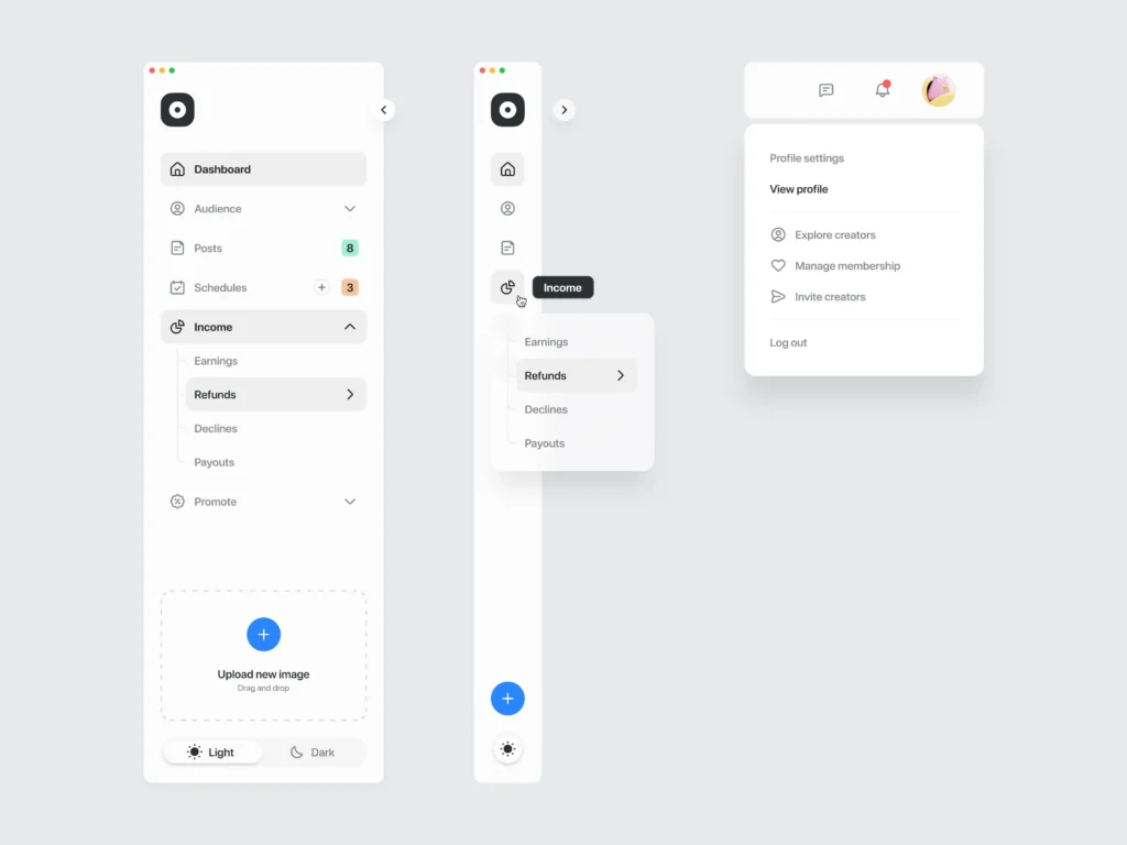 Mockup showing multiple side navigation UI designs created by Tran Mau Tri Tam for UI8