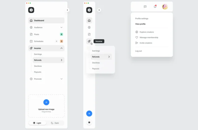 Mockup showing multiple side navigation UI designs created by Tran Mau Tri Tam for UI8