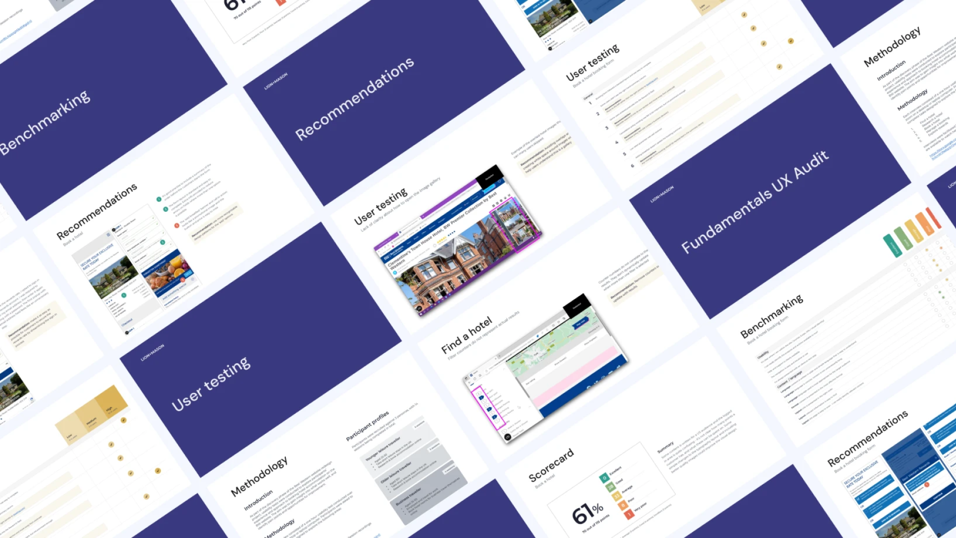 Collection of UX audit report screens showing usability findings, analysis, and recommendations