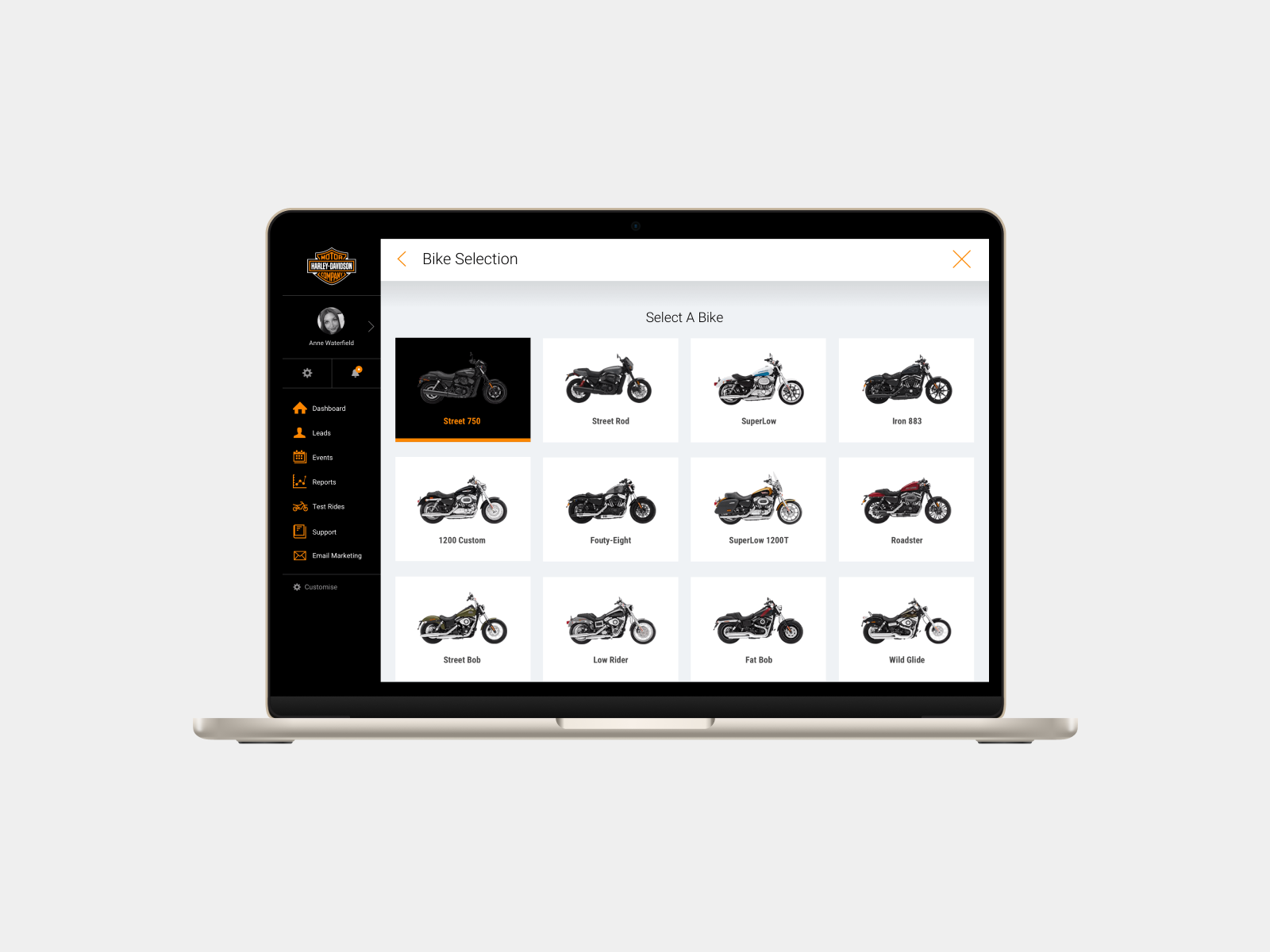 Bike selection screen screenshot for Harley Davidson