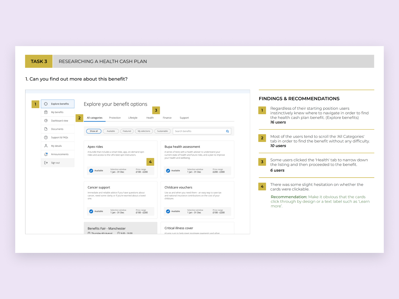 User testing findings report screenshot for Barnett Waddingham work