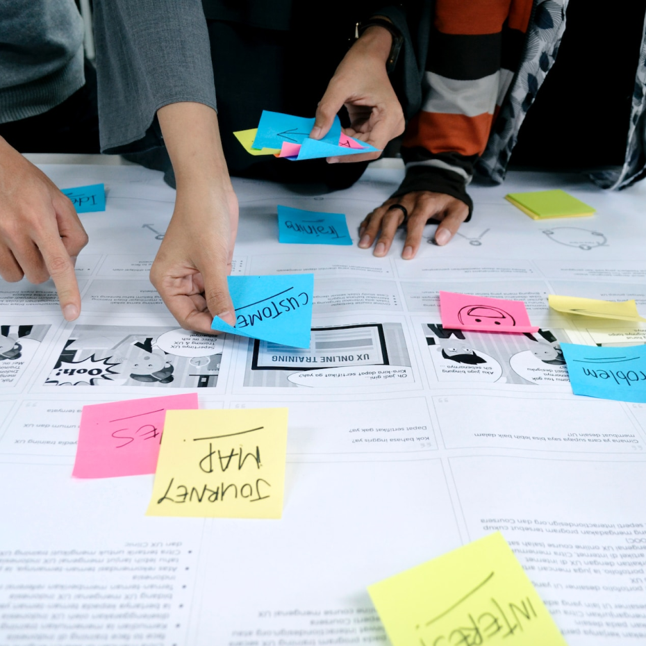 Team workshop with sticky notes