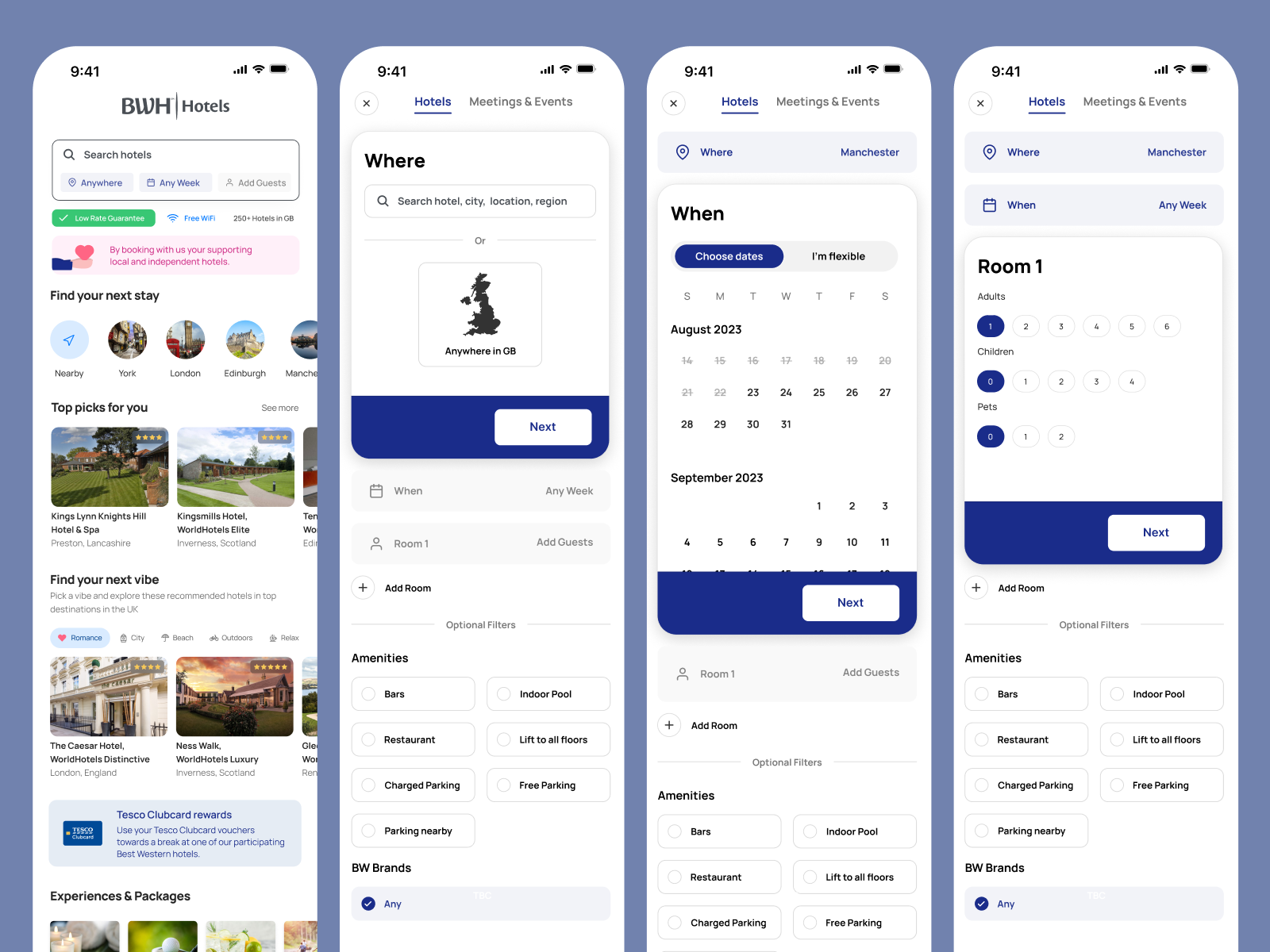 Various mobile UI designs for the Best Western Hotels website